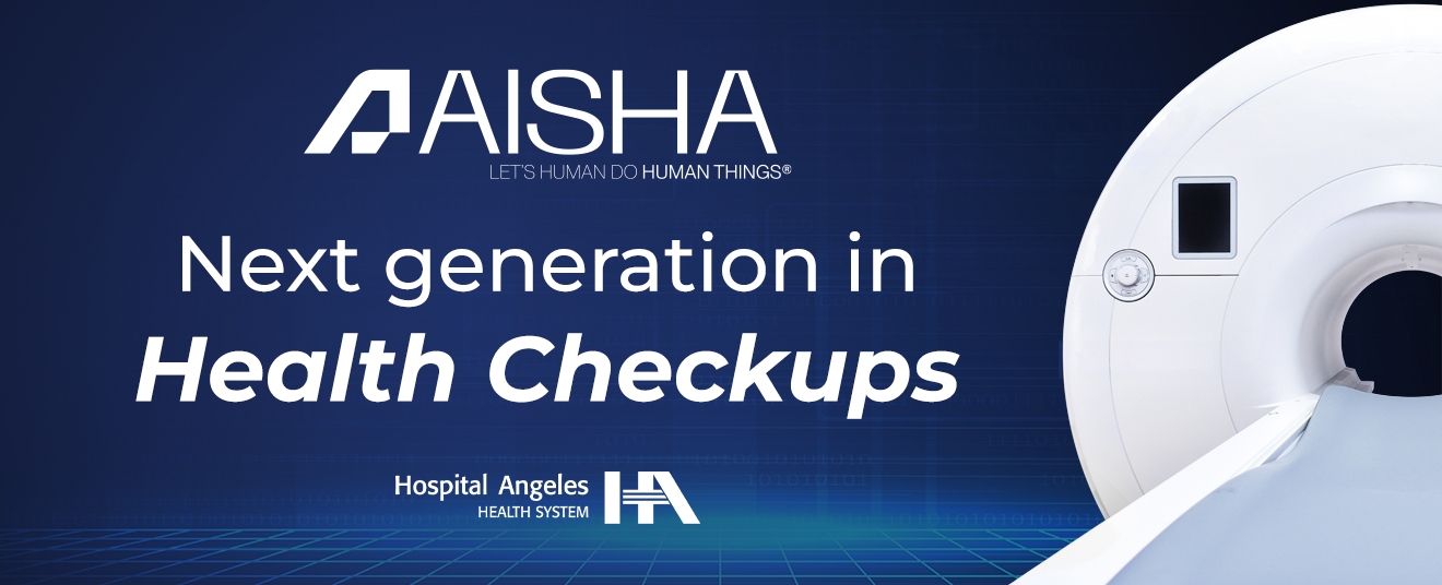 Banner azul oscuro, equipo de resonancia magnética blanca, letras blancas de Next generation in Health Checkups con logo blanco de Aisha. 