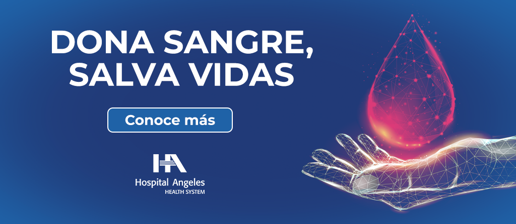 Banner azul oscuro, letras blancas de Dona Sangre, Salva Vidas, a un costado imagen de mano en 3D con una gota de sangre roja y botón azul de conoce más.